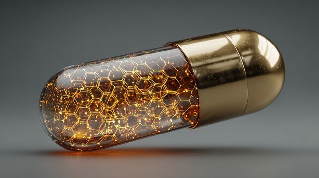 Futuristic medical capsule pill with glowing golden molecular hexagonal structure inside