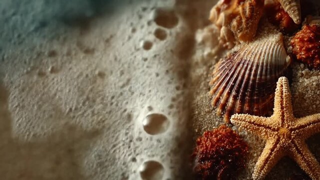 Seashells and starfish on sandy beach with foamy waves overhead