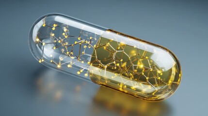 Transparent capsule with glowing golden molecular structure representing medicine and nanotechnology