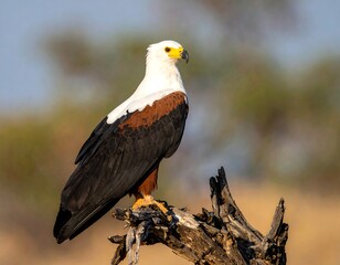 Obraz premium A majestic bird of prey with distinctive plumage, perched atop a weathered branch. The golden sunlight highlights its impressive presence