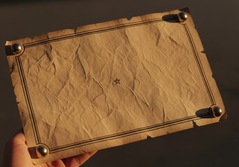 Hand Holding Vintage Crumpled Paper Map Mockup, detailed with decorative borders and metal studs, ideal for treasure quest or antique announcement design.