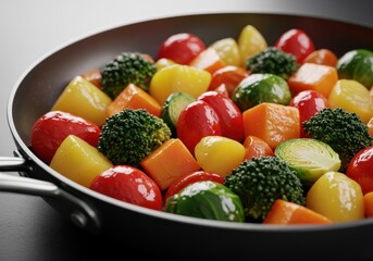 Vibrant Chopped Vegetables Glistening in Frying Pan, Ready for Stir-Fry or Healthy Vegan Meal Preparation Concept