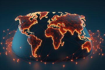 World map illuminating global network connections representing communication and data exchange