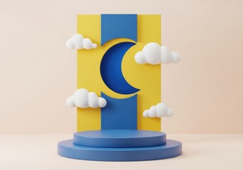 Blue Round Podium Floating with Clouds and Crescent Moon Cutout. Premium 3D Product Showcase Background for E-commerce Marketing