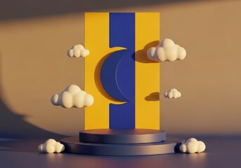 3D Minimalist Pedestal Display Standing in a Dreamy Sky Setting with Clouds and Crescent Moon for Product Presentation and E-commerce Promotion.