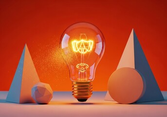 Illuminated light bulb radiating creative energy particles surrounded by minimalist geometric shapes on an orange background, symbolizing breakthrough innovation and bright ideas.