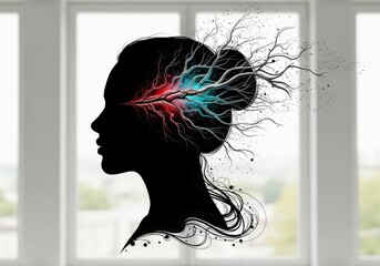 Abstract Woman Profile Showing Exploding Neural Network, Representing Creative Mind, Duality, and Mental Health Concept.