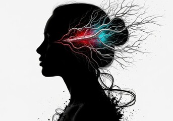 Abstract Woman Silhouette Visualizing Neural Network Activity, Illustrating Complex Thought, AI Connectivity, and Mental Health Concepts.