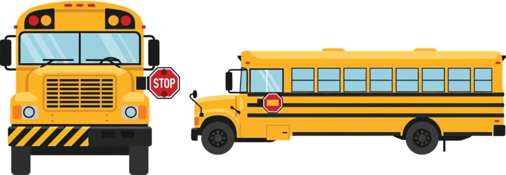 Detailed yellow school bus illustration front and side views on transparent background