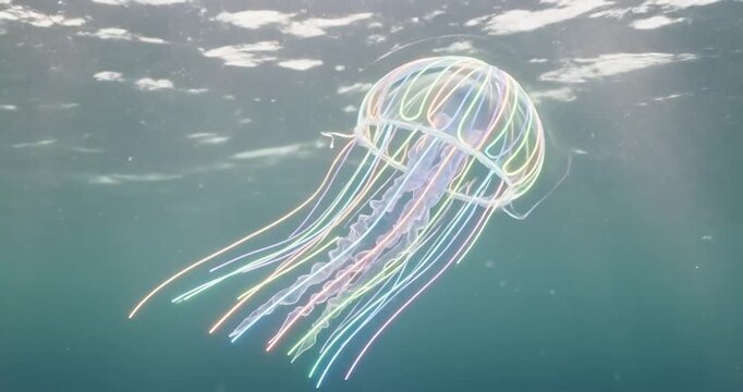 Colorful jellyfish gracefully swimming in deep ocean waters, surrounded by shimmering light patterns