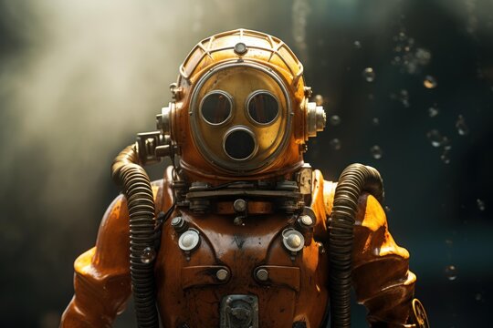 Vintage diving suit helmet exploring the dark ocean with air bubbles rising