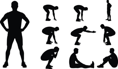 Man stretching and exercise silhouette collection, body warm up movements, fitness training poses, squat and flexibility workout, black minimalist vector illustration set