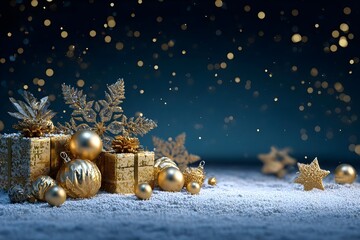 Golden Christmas gifts and ornaments rest on snowy ground under a dark blue sky filled with glowing bokeh lights.