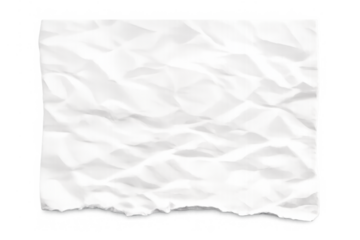 Crumpled white paper sheet texture with torn edge isolated on a transparent background, providing a blank creased mockup