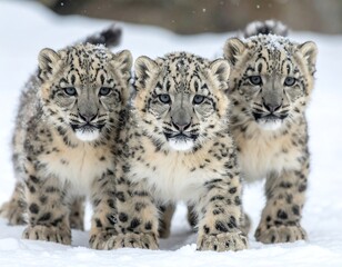 Obraz premium Three snow leopard cubs stare directly at the camera in fresh snow