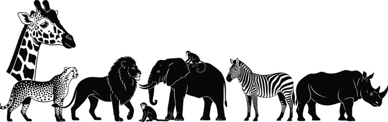 Fototapeta premium African wildlife animal silhouettes collection, safari mammals lineup including giraffe lion elephant zebra rhinoceros, detailed black vector illustration for nature and conservation themes