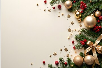 Golden and red Christmas ornaments decorate a fir branch in the corner of a light background.