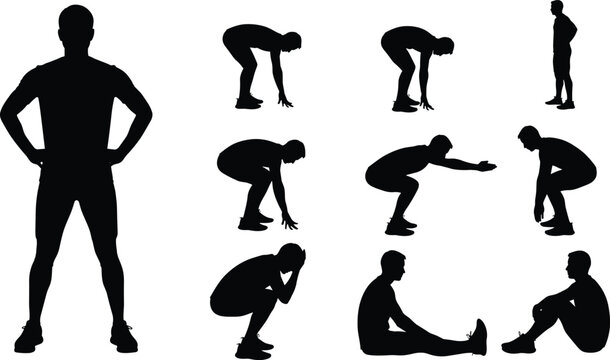Man stretching and exercise silhouette collection, body warm up movements, fitness training poses, squat and flexibility workout, black minimalist vector illustration set