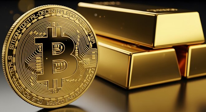 Assets shine golden bitcoin alongside gold bars symbolizing digital wealth and business investment