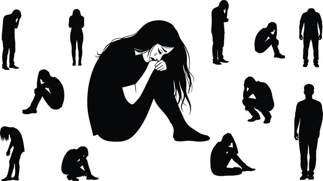 Depressed people silhouette illustration set, emotional stress anxiety sadness poses, mental health concept, psychology therapy awareness, minimalist black vector design