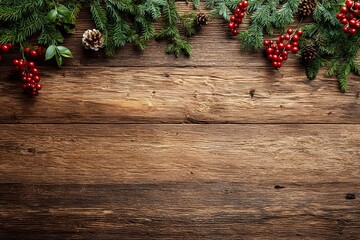 Green pine branches with red berries and pine cones decorate the top edge of a rustic wooden background.