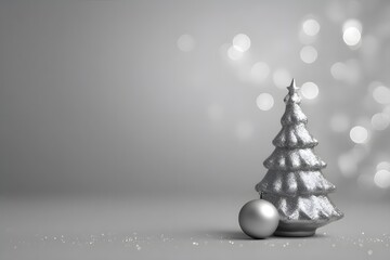 A small silver Christmas tree with a matching ornament stands on a smooth surface against a softly lit, blurred background.