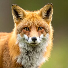 Fototapeta premium A close-up portrait of a red fox, its alert gaze and vibrant reddish-orange fur contrasting against the blurred green background