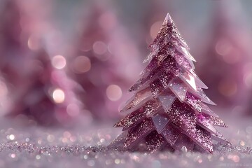 A small pink glittering Christmas tree stands on a sparkling surface.