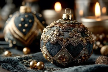 A richly decorated Christmas ornament rests on a dark textured surface surrounded by soft candlelight.