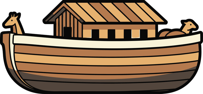 Cartoon illustration of a wooden ark with animals on transparent background
