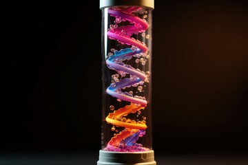 Abstract colorful dna helix structure rotating inside a clear glass tube with suspended bubbles