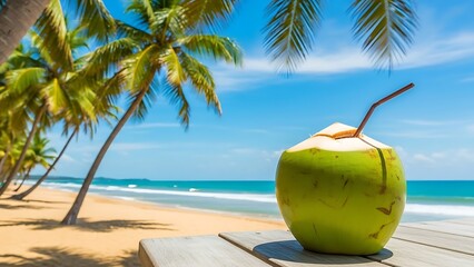 Green Coconut Drink with Straw on Picnic Table at Tropical Beach with Palm Trees image photo