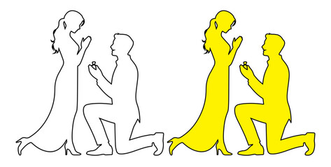 Black silhouette of a man proposing to a woman on one knee with an open ring box, capturing a romantic and emotional moment of love and commitment