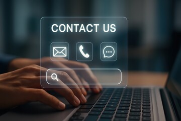 Contact us concept with hands typing on laptop keyboard showing email phone and chat icons for smart ai chatbot assistant in ecommerce business startup technology trends online shopping