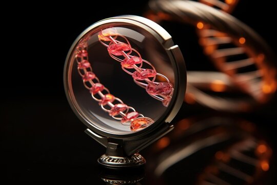 Magnifying glass highlighting a segment of a genetic dna double helix model on a dark background - Powered by Adobe