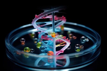 Dna helix model showing genetic composition in a scientific laboratory petri dish