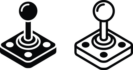 Classic arcade joystick icon set depicting vintage gaming controllers in black and white