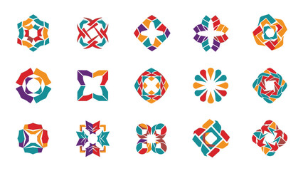 Fototapeta premium Vibrant collection of abstract geometric icons and patterns, digitally illustrated with textured brushstrokes for modern graphic design.