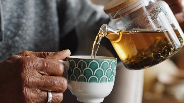 A person is pouring tea from a glass teapot into a patterned teacup. The tea appears to be green tea, with visible tea leaves.