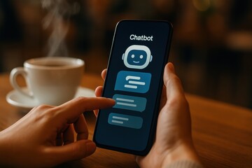 AI chatbot technology on smartphone shows smart assistant for online ecommerce business startup trends with user interaction and digital communication in cozy environment
