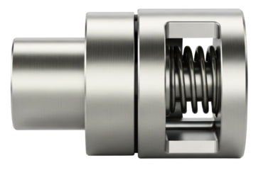 Shiny metal mechanical shaft coupling with internal spring mechanism on a transparent background