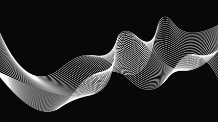 Abstract white layered wave lines on black background flowing sound frequency mesh modern digital line art backdrop