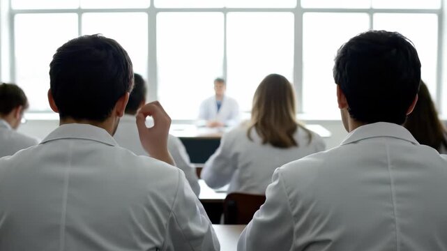 Medical students in white coats listening to a doctor lecture near bright windows, viewed from the back, concept for university education, scientific training and professional healthcare seminars