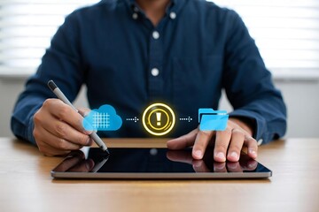 A professional businesswoman works on a digital tablet at an office desk using technology and a pen to manage business documents and tasks