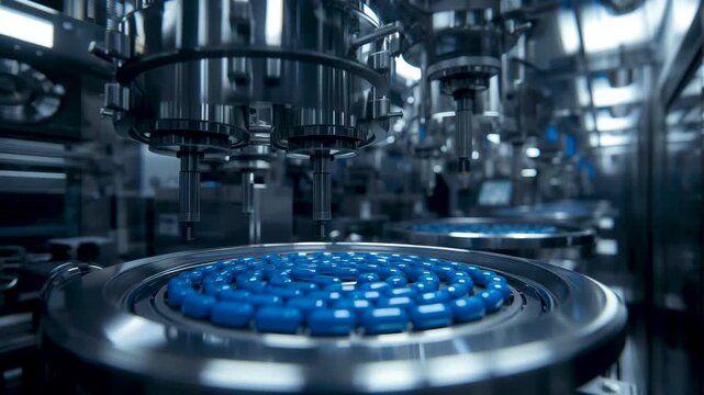Automated pharmaceutical production line with circular conveyor holding blue capsules inside sterile factory interior