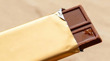 Unwrapped milk chocolate bar segment with diagonal texture lines and a spot of melted caramel filling in shiny gold foil.