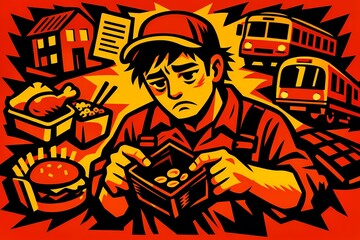 illustration of a part time worker checking an almost empty wallet after daily expenses. Visual metaphor for low income, rising living costs, financial stress, and struggling to make ends meet.
