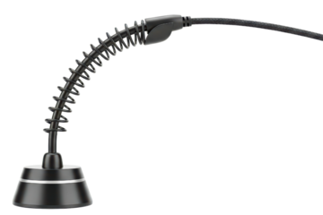 Black desktop microphone stand with flexible gooseneck and cable on a transparent background