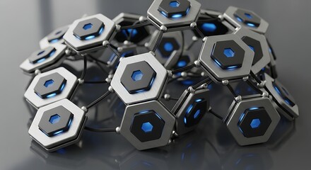 Abstract futuristic design of connected hexagonal modules with blue lights