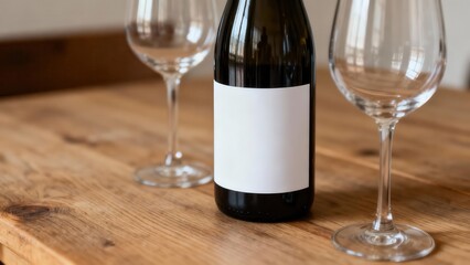 Dark glass wine bottle displaying a rectangular white blank label positioned between two empty crystal stemmed glasses resting on a natural rustic wooden table.